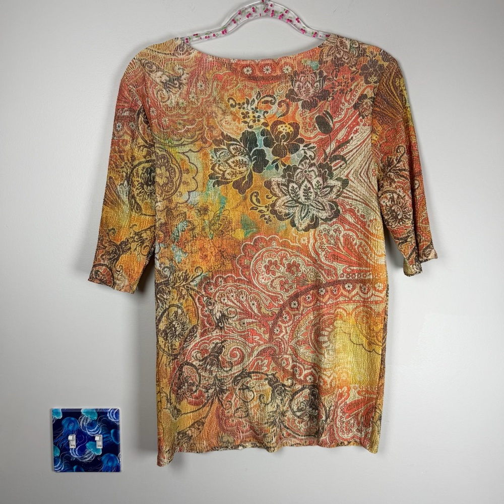 Coldwater Creek Orange Yellow Paisley Print Short Sleeve Top Boho Hippie Medium - Picture 7 of 7